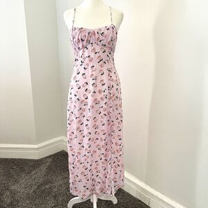Zara Corset Maxi Dress Size Medium Pink Floral Zip Tie Back Button Accent Slit